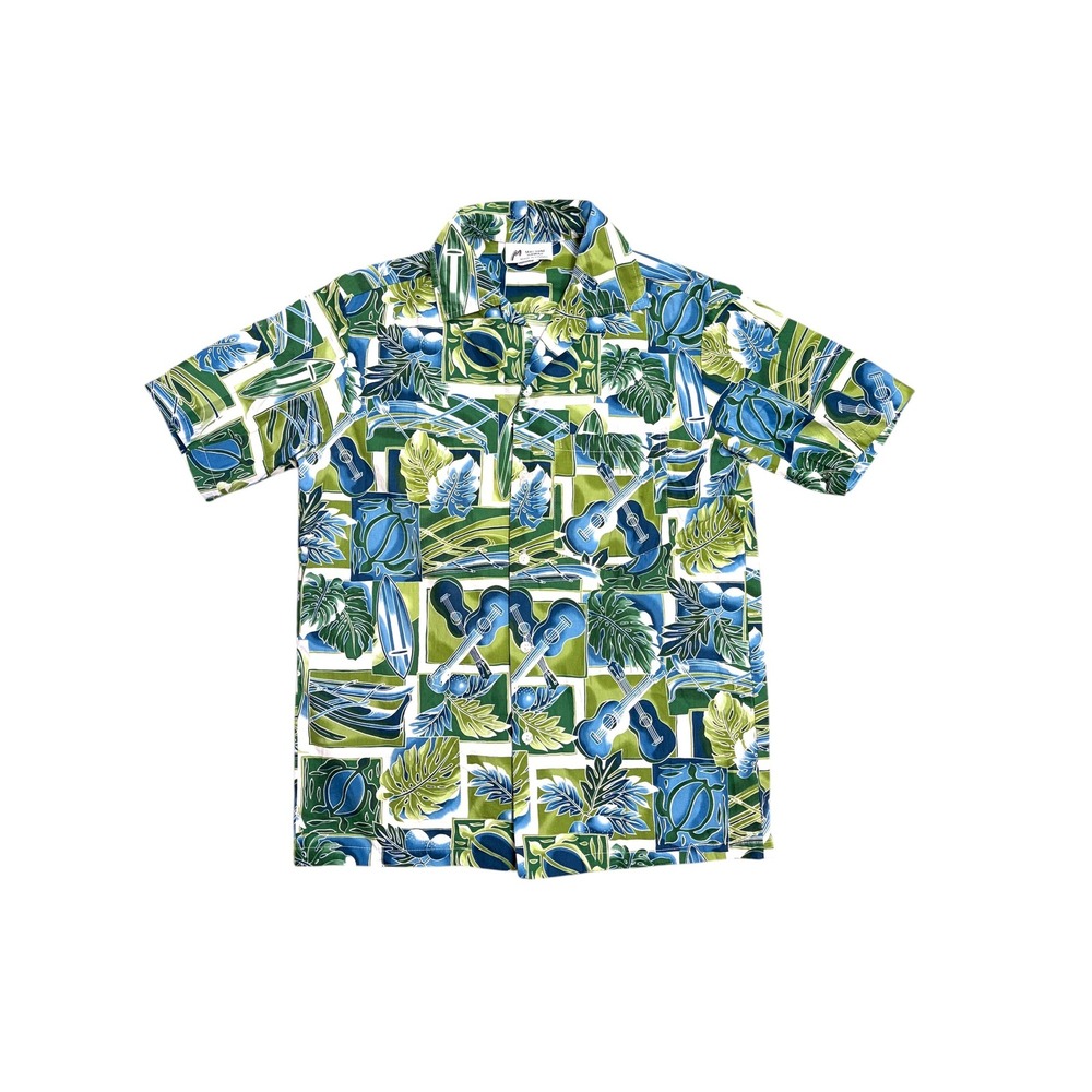 Malihini Hawaii Mens Blue Green Tropical Ukulele Surfboard Cotton Shirt Medium
